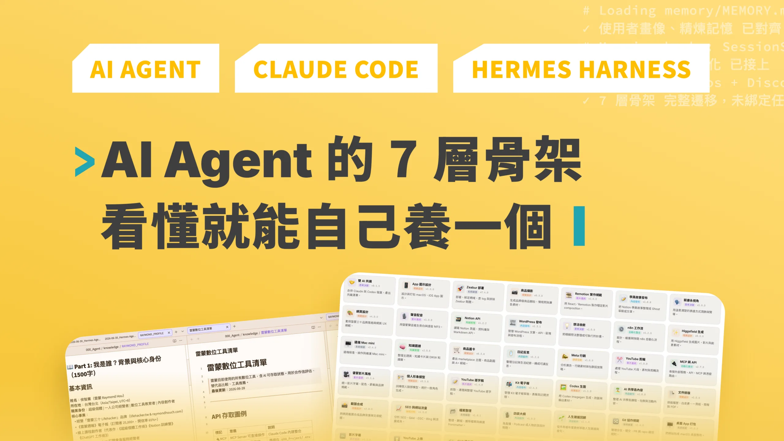 AI Agent 7-layer harness architecture cover comparing Hermes Agent and Raymond-Agent
