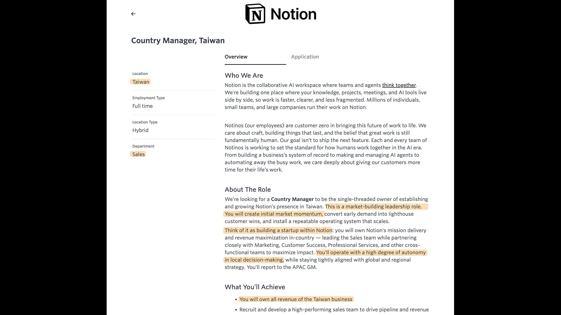 Notion Country Manager Taiwan job description page on Ashby - role overview and key responsibilities
