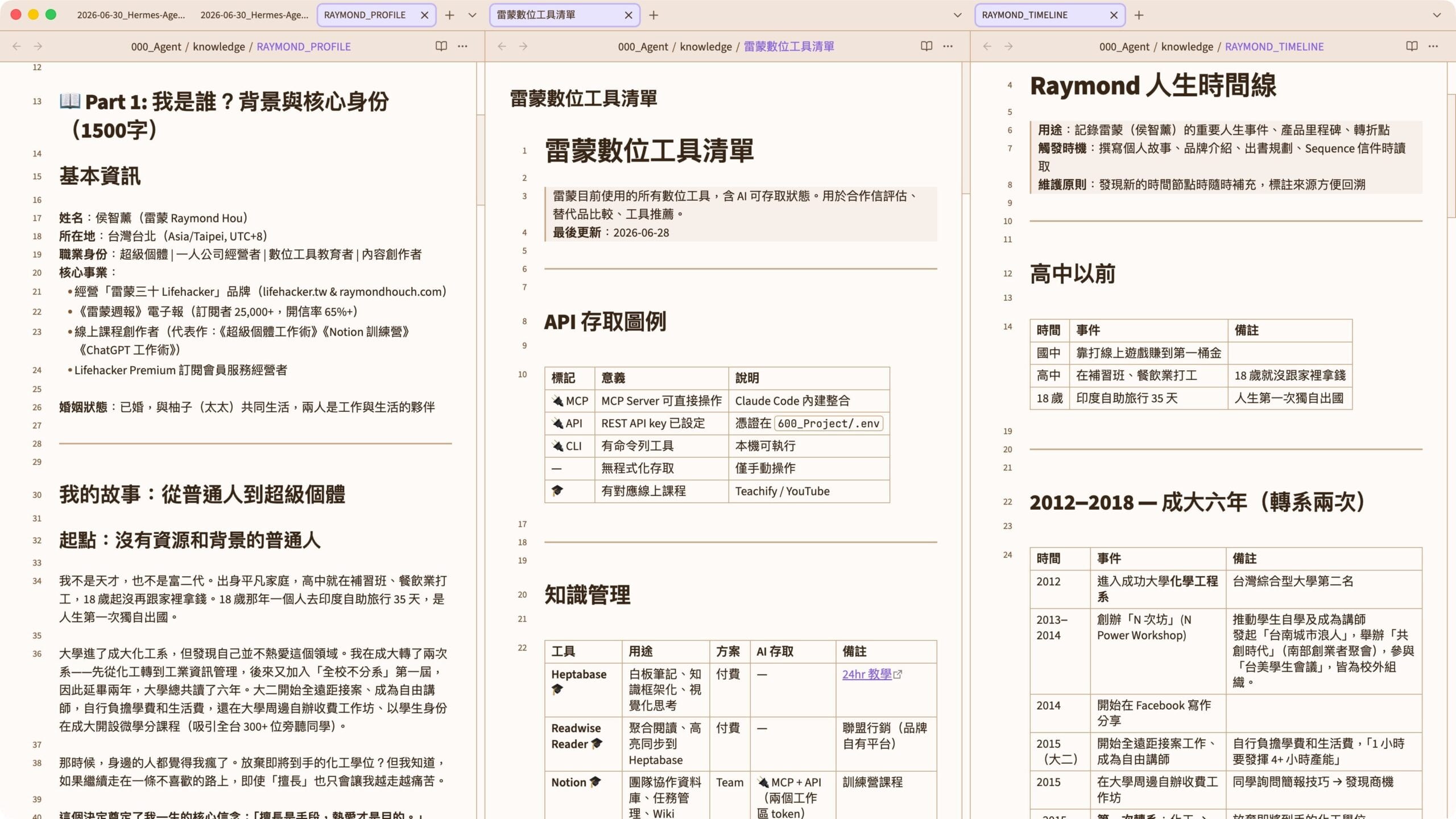 AI Agent 是什麼?怎麼養?拆解 Hermes 7 層架構讓你一次看懂 harness 5 雷小蒙本機的「使用者畫像」文檔:左邊是我的個人檔案(我是誰、背景與核心身份),中間是常用數位工具清單,右邊是一條我的人生時間線