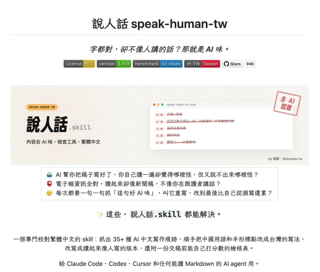 用「說人話」Skill 幫你去除文章 AI 味:分析語氣、保留原意、台灣在地用語 1 CleanShot 2026 09 08 at 22.27.26@2x